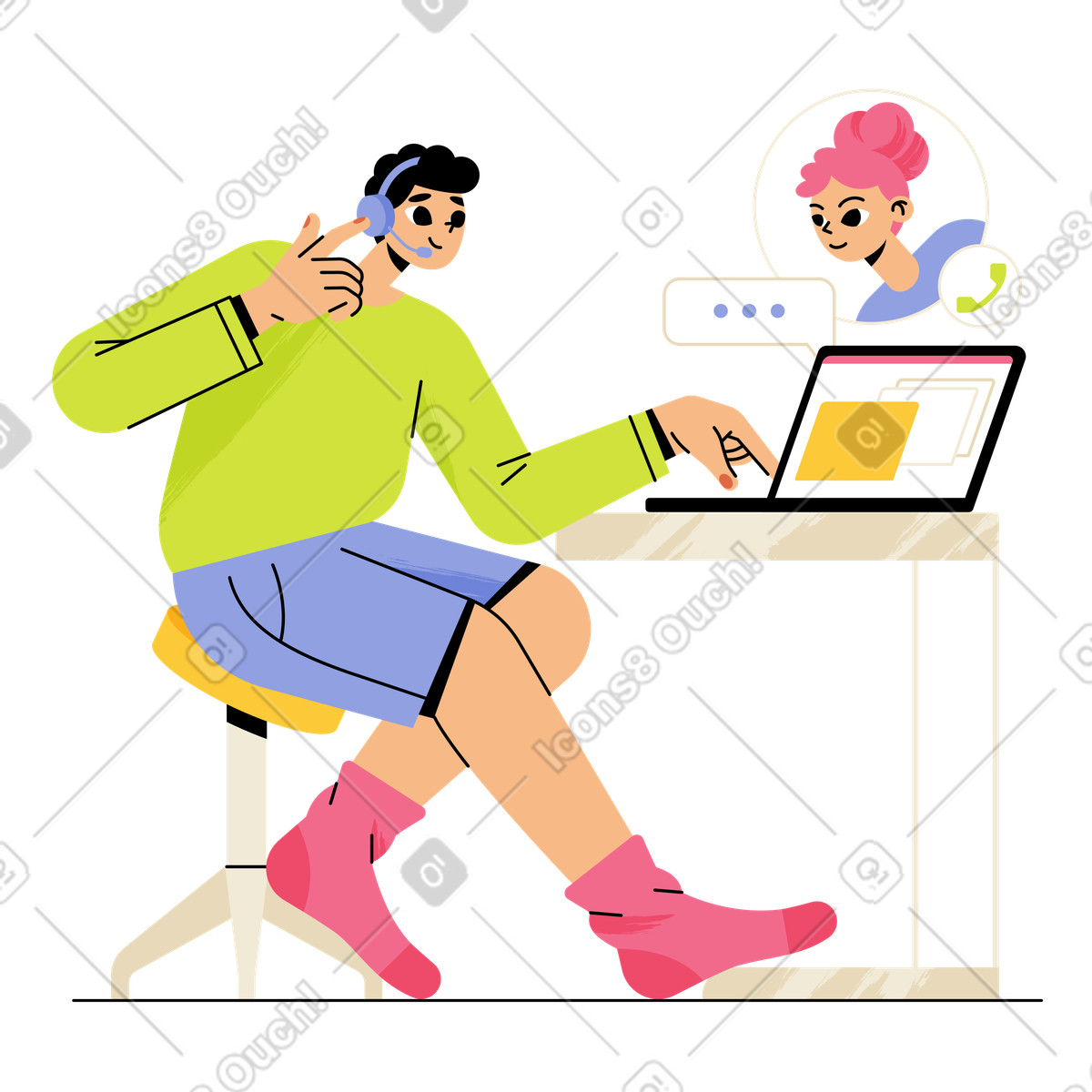 Support agent talking to customer on computer, Remote call center concept-Illustration im Juicy-Stil als Download in PNG, SVG