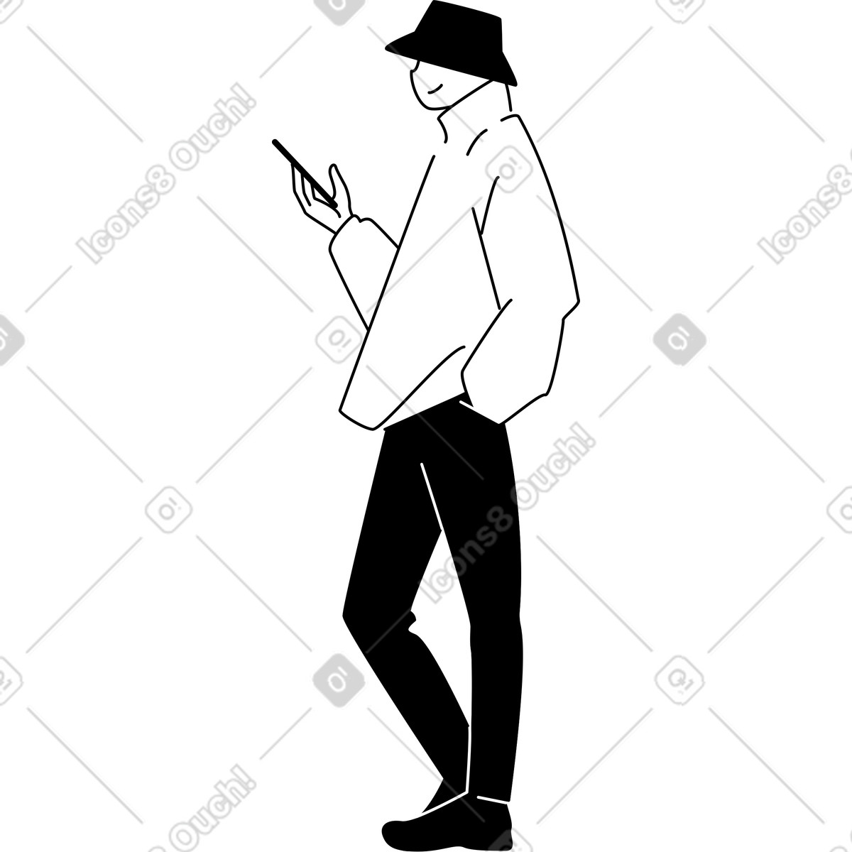 Ilustração de Jovem com chapéu panamá e telefone em no estilo Weekday para baixar em PNG, SVG