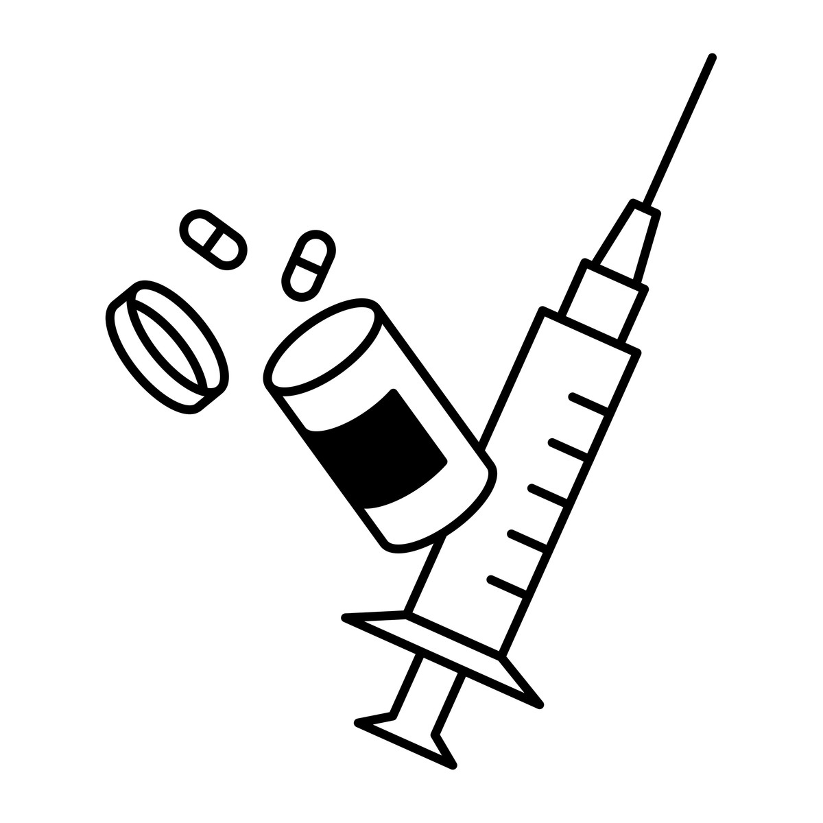 Ilustração de Equipamentos para vacinação na área da saúde, incluindo seringas, frascos e cápsulas com receita médica. em no estilo Notion Line Art baixar em PNG, SVG