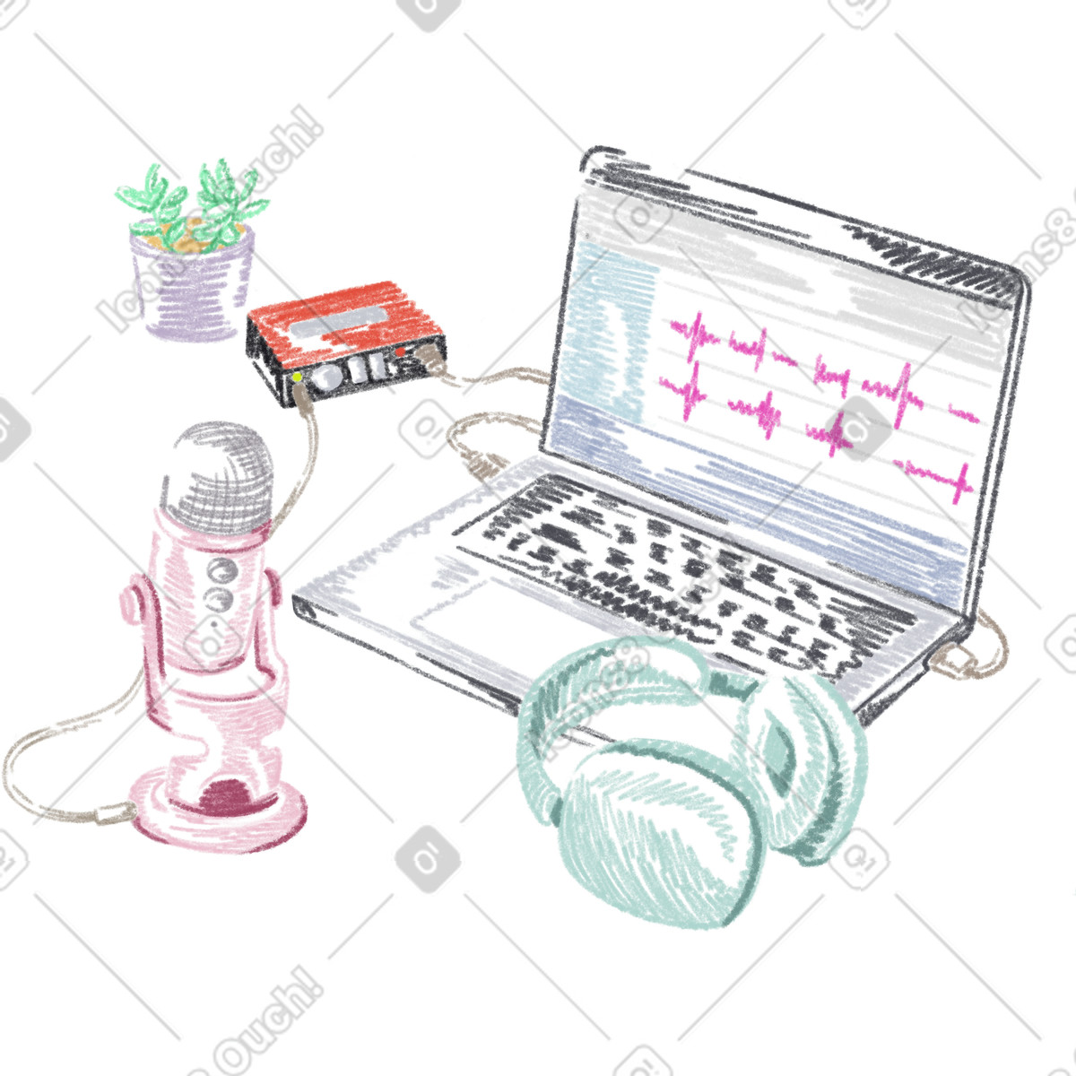 下载 Sketchbook 风格的 Laptop with headphones and microphone for recording a podcast 插画，支持 PNG、SVG 格式