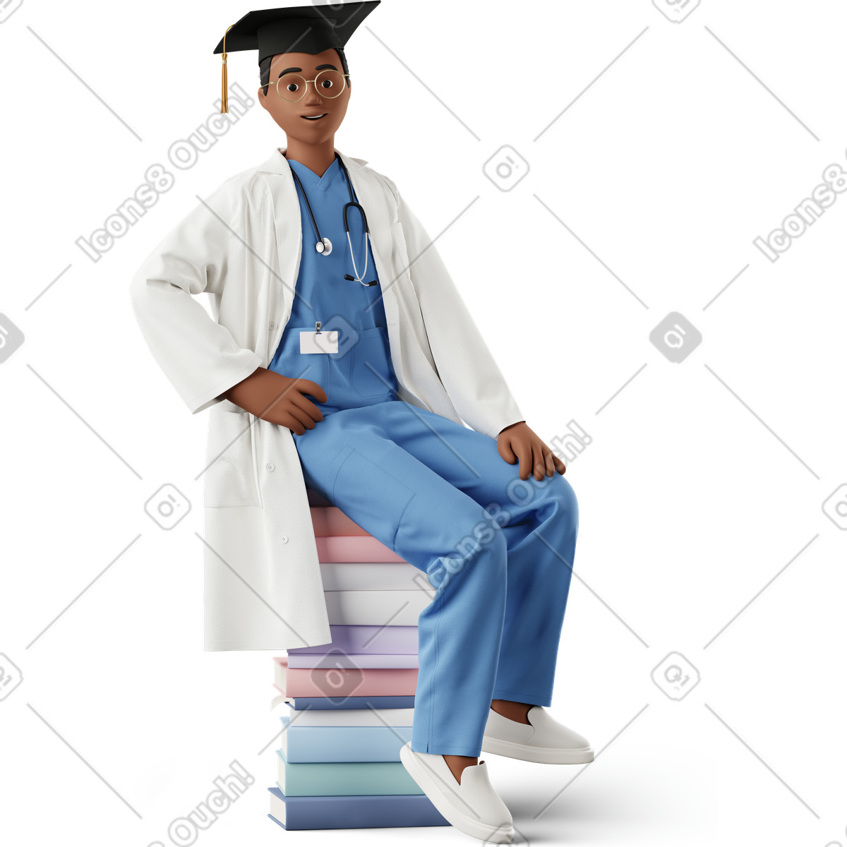 Graduated doctor sitting on a pile of books illustration graduate clipart image