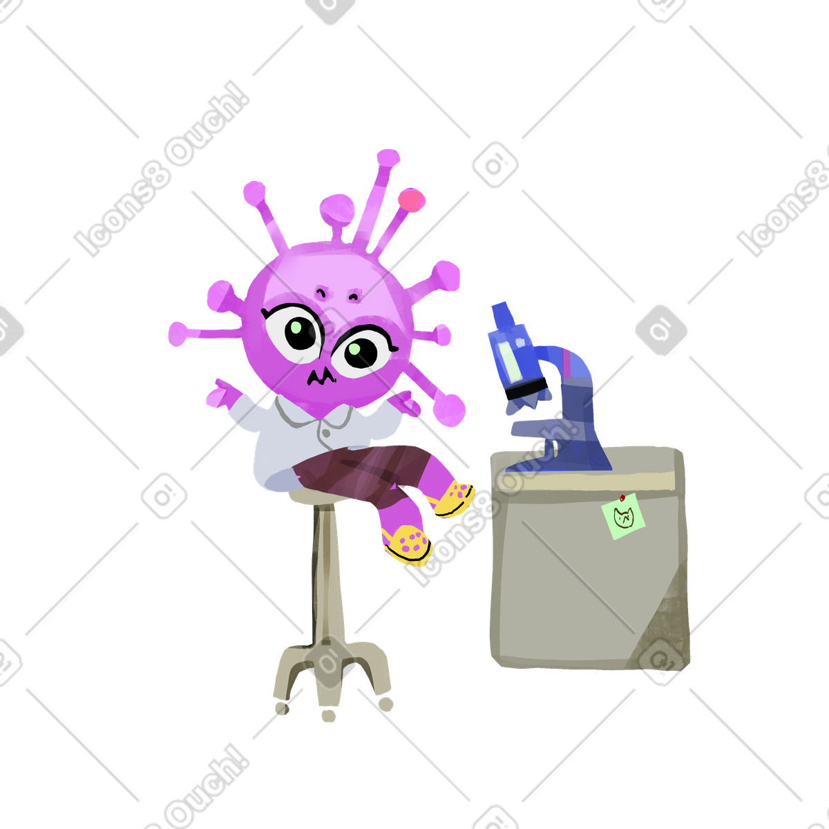下载 Atomic 风格的 Confused virus character in lab, Scientific research and studies 插画，支持 PNG、SVG 格式