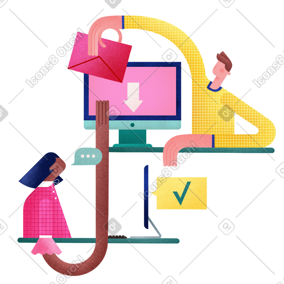 Ilustración Team members exchanging messages online, Internal communication and file sharing en estilo Willowy a descargar en PNG y SVG