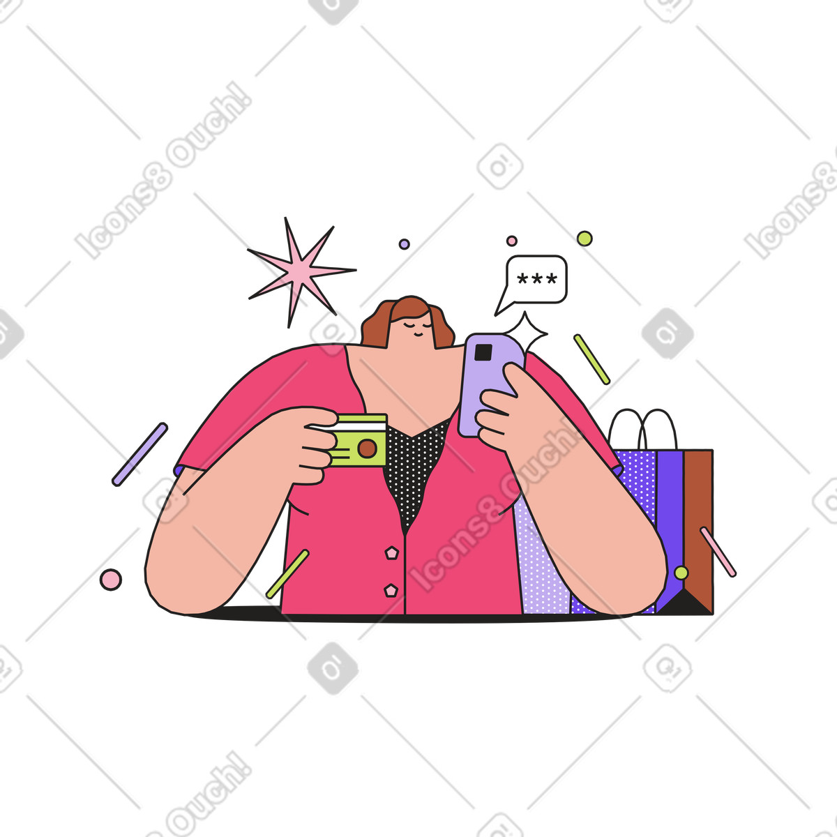 Dazzle 스타일의 Customer making cashless payment via smartphone, E-commerce transaction 일러스트레이션 PNG, SVG 다운로드