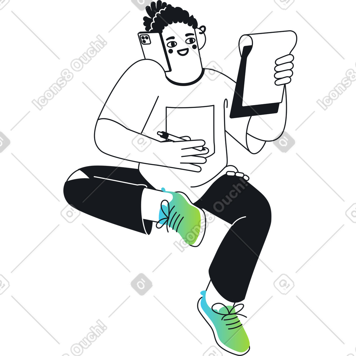Man having a phone conversation and taking notes in his notebook illustration Breeze style download PNG, SVG