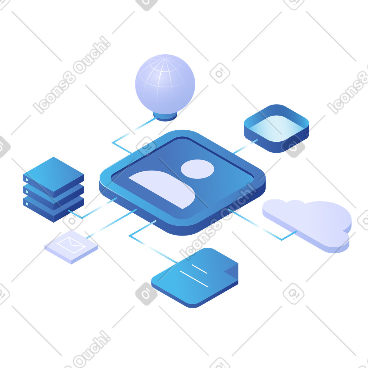Ilustración Red de herramientas digitales conectadas, integración plataformas y sincronización en estilo Quantum a descargar en PNG SVG