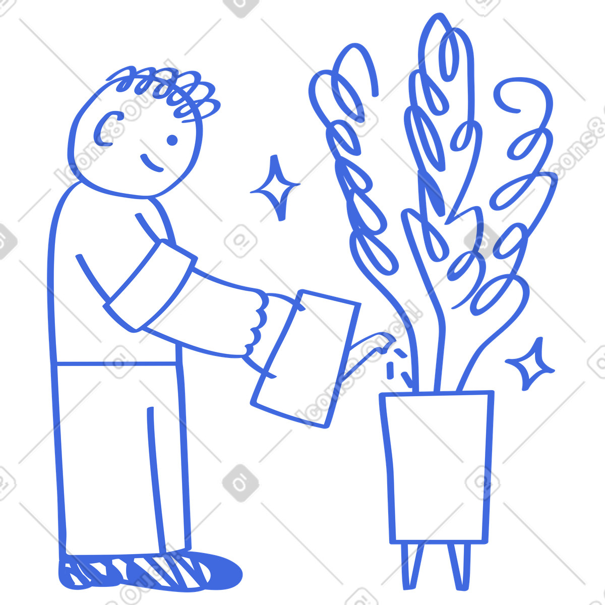 Ballpoint Pen スタイルの Plant care routine with smiling character watering indoor potted foliage のイラストをPNG、SVG形式でダウンロード
