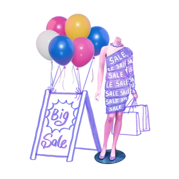 A mannequin dressed in sale-themed fabric with balloons - Marker style illustration