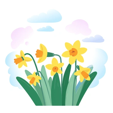 A vast garden is filled with numerous blooming daffodils, showcasing their bright yellow petals. The daffodils are swaying gently in the breeze, creating a dynamic scene. The background features varying shades of green grass that contrasts with the flowers. Soft, gradient pastel colors blend in the sky, creating a tranquil ambiance above the vibrant garden.