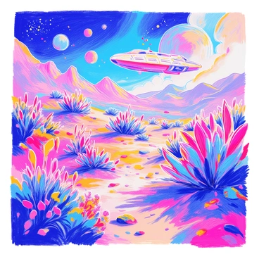 An alien landscape features vibrant, unusual plants with luminescent colors and unique shapes. The ground is uneven, covered with textured soil and patches of colorful moss. In the background, a sleek and futuristic spaceship hovers above the horizon, partially obscured by swirling mist. The sky is filled with large, colorful celestial bodies and a swirling atmosphere, casting dramatic shadows across the terrain. The scene conveys an otherworldly feel, inviting exploration and curiosity.