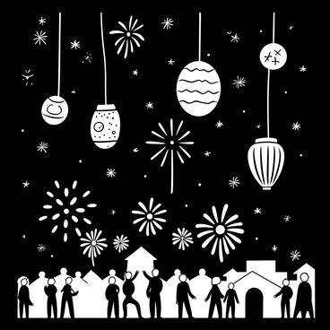 A variety of lanterns in various designs and shapes are suspended in the air, glowing softly against the backdrop of a dark sky. Some lanterns have intricate patterns while others are simple and round, creating a balanced composition. Below the lanterns, a crowd is gathered, viewing the spectacle with excitement. Bright bursts of fireworks are shooting up from the ground, illuminating the scene with explosive flashes. The fireworks create patterns and shapes in the night sky, adding dynamic movement to the stillness of the lanterns. The overall atmosphere is one of celebration and wonder.