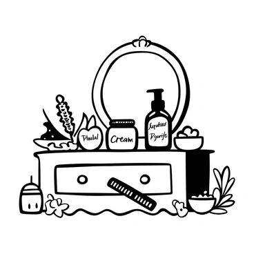 An assortment of ayurvedic beauty products displayed on a wooden vanity. There are glass jars filled with herbal creams and oils, each labeled with elegant, flowing script. A small bowl of dried herbs sits next to the jars. A wooden comb is placed beside a candle, casting gentle light over the arrangement. A decorative mirror reflects the products, enhancing the overall composition. Delicate flowers are scattered around the vanity, adding to the natural aesthetic.