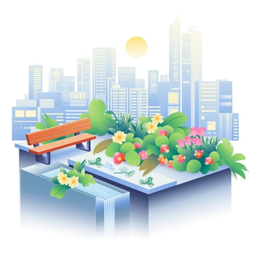A lush rooftop garden is situated atop a tall skyscraper, with a variety of colorful flowers and green plants flourishing. In the background, the city skyline is visible, showcasing tall buildings and bustling streets below. There are wooden benches scattered throughout the garden, providing places for relaxation. A small water feature with gently flowing water adds a soothing element to the scene. The sun casts a warm glow over the entire setting, enhancing the vibrant colors of the plants and flowers.