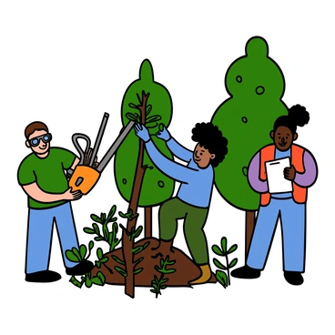A group of diverse volunteers actively working to clear invasive species in a park. One volunteer with light skin and short brown hair is using a chainsaw to cut down a bush, wearing a green t-shirt and protective goggles. Another volunteer with medium skin and curly black hair is collecting the cut branches into a pile, dressed in a blue long-sleeve shirt and gloves. A third volunteer, with dark skin and braided hair, is supervising the effort while holding a clipboard, wearing a red safety vest. Surrounding them are trees and a variety of plants, showing the natural environment of the park.