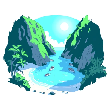 A hidden cove surrounded by tall cliffs lush with rich green vegetation. The sun is shining brightly, casting shimmering reflections on the crystal-clear water below. Tropical plants and small trees are growing along the edges of the cove, their leaves varying in shades of green. Smooth, light-colored stones line the beach area, and gentle waves lap softly against the shore. A few small boats can be seen anchored nearby, bobbing lightly on the clear water.