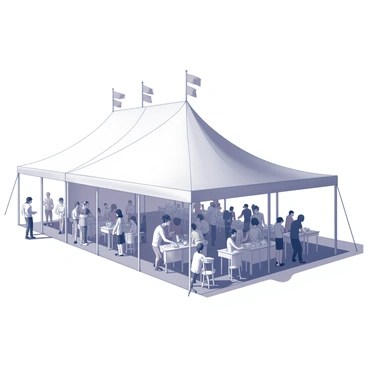 A large marquee tent with a peaked roof stands prominently, featuring numerous colorful flags that flutter at the top. The tent's entrance is wide and inviting, allowing easy access for guests. Inside, there is a bustling crowd comprising men, women, and children, all engaged in various activities. Some are chatting animatedly, while others are enjoying food from nearby stalls. The atmosphere is lively, with people moving about, laughter, and the sounds of conversation filling the air. Tables and chairs are scattered throughout the tent, and decorative elements are visible, enhancing the festive ambiance.