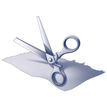A pair of large tailor scissors is positioned above a piece of fabric. The blades of the scissors are open, actively cutting through the material with precision. The fabric appears slightly frayed at the edges where it has been cut. The handles of the scissors are prominent, reflecting a professional design. The scene captures the sharpness of the blades and the texture of the fabric being cut.