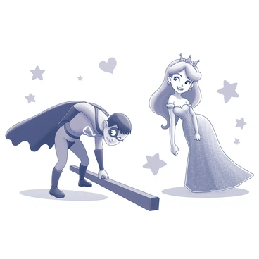 Two cartoon characters are engaged in a limbo contest. One character is a superhero, dressed in a form-fitting costume with a cape flowing behind them, showing a determined expression as they bend backward to avoid a low horizontal bar. The other character is a princess, adorned in a sparkling gown and a crown, with a playful smile as she gracefully arches her back. The setting is lively, with bright, exaggerated features and playful elements surrounding them, emphasizing the fun and whimsical nature of the scene. In the background, there are cheerful decorations, adding to the festive atmosphere.