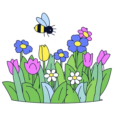 A bee buzzing around blooming flowers in a colorful garden, surrounded by lush greenery.