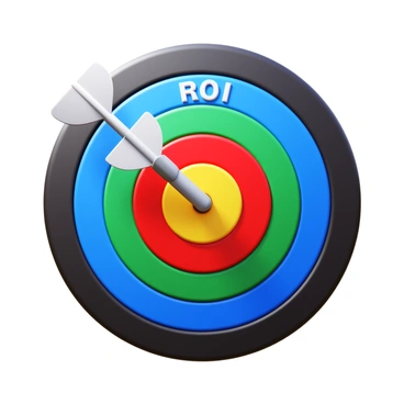 A dart striking the center of a circular target. The target is divided into several colored sections, with the very center labeled "ROI" in bold, clear letters. The dart is shown in mid-flight, with its fletching clearly visible. The bullseye is bright red, contrasting with the other colors of the target. The background is plain to emphasize the target and the dart.