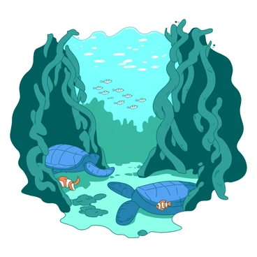 An underwater scene showcases intricate caves formed by twisting kelp branches. The kelp is a vibrant teal, creating a mesmerizing labyrinth of shapes and shadows. Hidden within the caves, various sea creatures are revealed: a small orange clownfish peeks out from behind a kelp leaf, while a larger blue sea turtle glides smoothly through the passageway. In the distance, a group of shimmering silver fish dart between the kelp, adding dynamic movement to the serene environment. Sunlight filters down from above, illuminating the area with a soft glow and highlighting the textures of the kelp and the creatures within.