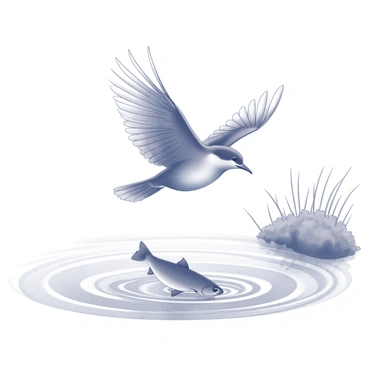 A bird in mid-flight is swooping down towards the surface of a river. The bird has its wings spread wide, showing intricate feather details. Below, the water is depicted with ripples emanating from where the bird is about to strike. A trout can be seen just below the water's surface, with its body angled upward as it is being targeted. The surrounding scene includes hints of riverbank vegetation, framing the dynamic moment of the bird hunting for its meal.