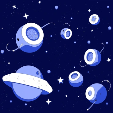 A vast space scene is presented, depicting a galaxy with numerous star-like structures scattered throughout. In the foreground, several lysosomes are illustrated as distinct, rounded spaceships, featuring smooth surfaces and intricate detailing reminiscent of cellular membranes. Each lysosome spaceship varies slightly in size, showcasing a range of hovering positions as they navigate through the dark expanse of the galaxy. Around them, shining particles resemble cosmic dust, and intricate structures symbolize various cell components, creating a sense of exploration within a vibrant cell galaxy.