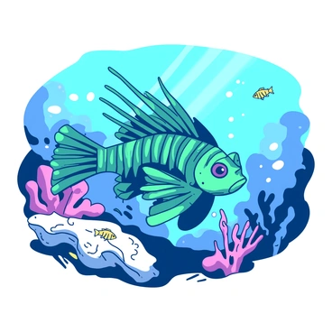 A teal lionfish is swimming gracefully through a vibrant underwater scene. Its elongated fins are fully extended, showcasing the intricate patterns and stripes that adorn its body. The lionfish's vibrant colors contrast with the surrounding coral reef, which includes soft white corals and colorful anemones. Small fish can be seen darting around the lionfish, enhancing the dynamic underwater atmosphere. Light filters down from the water's surface, illuminating the patterns on the lionfish as it moves among the coral.