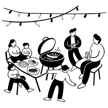 A family gathered in a backyard, with a grill set up in the center. The grill has Chicago-style hot dogs sizzling on it, topped with various ingredients such as pickles, tomatoes, and onions. A picnic table nearby is covered with a checkered tablecloth, holding plates filled with side dishes like coleslaw and potato salad. Children are playing on the grass while adults are chatting and holding drinks. There are decorative string lights hanging above, creating a festive atmosphere.