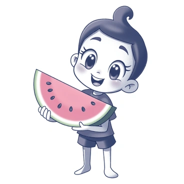 A cartoon character with a wide smile is standing in a relaxed pose. The character has exaggerated features, including large eyes and a round face. They are holding a large slice of watermelon with both hands, showcasing the juicy pink interior and the black seeds. The background is simple, enhancing the focus on the character and the watermelon slice. The character's outfit is casual, perhaps featuring a t-shirt and shorts, giving a playful vibe to the scene.