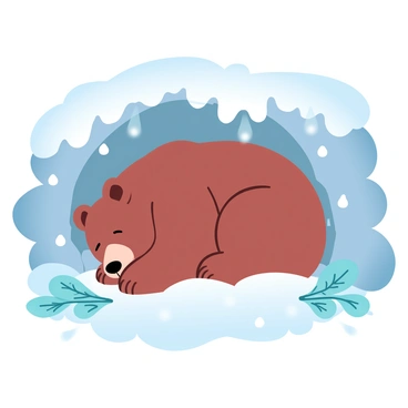 A large bear is curled up and sleeping comfortably in a cozy cave, surrounded by soft layers of moss and leaves. The cave entrance is partially covered with snow, indicating the winter season outside. The bear's thick fur appears fluffy and warm, blending with the natural earthy tones of the cave. Stalactites hang from the cave ceiling, and small patches of frost can be seen on the rocks. A few pine branches lie scattered around, adding to the serene ambiance of the hibernation scene.