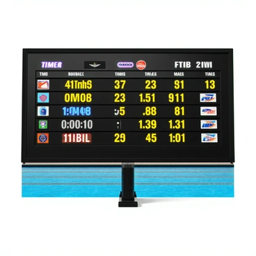 A sleek digital scoreboard at a swimming meet, featuring a glossy black frame. The scoreboard is brightly lit with colorful LED lights. It displays various times and rankings in bold, easy-to-read fonts. The screen is divided into sections showing different events, with the fastest times highlighted in yellow. Swimmers' names and lane numbers are also clearly presented, along with the corresponding team logos. The background shows a swimming pool with lanes marked by floating lane dividers.