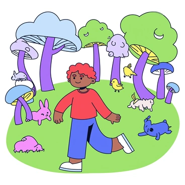 A child with curly hair wearing a bright red shirt and blue shorts is walking through a lush, green forest. The forest is filled with oversized mushrooms in various colors and trees with twisted trunks and vibrant leaves. Small whimsical creatures, such as a purple rabbit with floppy ears and a yellow bird with a long tail, are peeking from behind the trees and playing in the grass. Sunlight filters through the leaves, casting playful shadows on the ground. The child looks curious and excited as they interact with the enchanting surroundings.