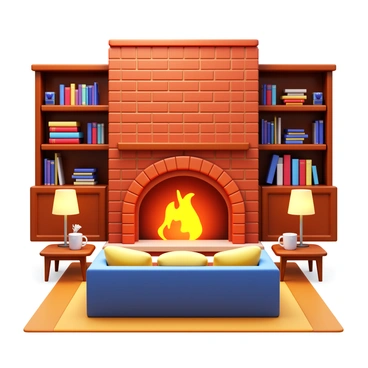 A cozy living room with a warm brick fireplace crackling with fire