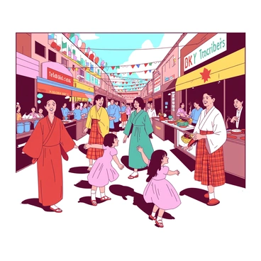 A vibrant scene blending traditional attire from various cultures into one colorful street festival.