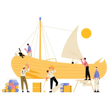 A group of craftsmen working diligently on a large wooden ship. They are positioned at various locations around the ship, with some measuring long wooden planks while others use tools like hammers and chisels. The ship has a strong hull with visible beams and a partially constructed mast rising high. One craftsman is applying a coat of tar to protect the wood, while another is fitting a sturdy sail. In the background, additional supplies such as ropes and barrels are stacked neatly nearby, hinting at Ulysses' upcoming adventure. The sun is shining brightly, casting warm light over the scene.