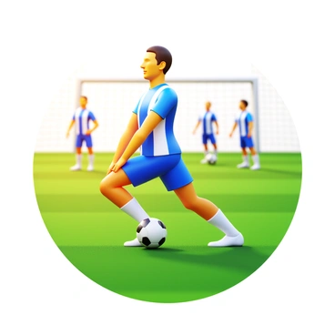 A soccer player wearing a team jersey and shorts is stretching their quadriceps on a grassy field. The player is positioned on one leg, with the opposite foot pulled towards their glutes. The sun is shining brightly, illuminating the field and casting shadows. In the background, goalposts are visible, and other players can be seen warming up. The player's focused expression indicates preparation for the upcoming match.