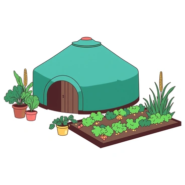 A teal yurt is positioned beside a vibrant vegetable garden filled with various crops. The garden features rows of lush green plants, with bright orange carrots peeking above the soil and clusters of yellow tomatoes hanging from their vines. There are also patches of leafy green lettuce and tall stalks of yellow corn swaying slightly in the breeze. The yurt has a circular entrance with a wooden door, and colorful flower pots are placed around its base, adding to the lively scene.