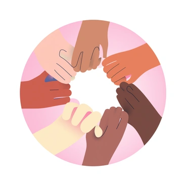 A circle formed by hands of various colors is displayed prominently in the center. Each hand has a different skin tone, representing diversity. The hands are clasped together firmly, with fingers intertwined, creating a sense of unity. The background features a soft gradient that transitions smoothly between complementary colors, enhancing the visual impact of the hands. The image captures the essence of togetherness and cooperation.