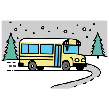 A yellow school bus driving along a winding road in a snowy landscape. The bus is surrounded by tall evergreen trees, their branches heavy with snow. Snowflakes are falling gently from the gray sky, creating a serene atmosphere. The ground is covered in a thick layer of fresh white snow, and the tires of the bus leave tracks behind as it moves forward.