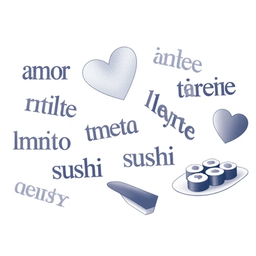 An array of words from various languages is displayed, each surrounded by a gentle transition into a visual representation of their meanings. For example, the word "amor" from Spanish morphs seamlessly into a heart shape, evoking love. The term "liberté" from French transitions into an image of an open birdcage, symbolizing freedom. The word "sushi" from Japanese transforms into a beautifully arranged plate of sushi rolls, highlighting culinary art. Each word is clearly defined in elegant typography, with the visual element emerging from its letters, creating a harmonious blend of text and imagery. The overall composition is balanced, inviting viewers to explore the connection between language and visual representation.