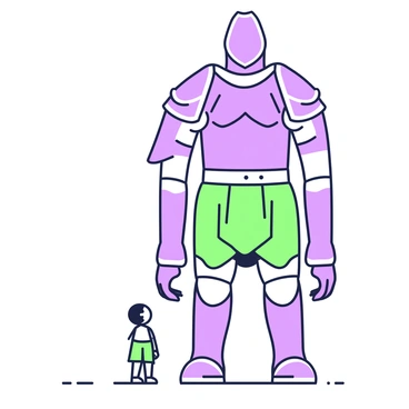 A small figure is standing on the ground, gazing upward in awe. The small figure is depicted with a slight build, wearing a simple outfit. Above, a giant figure looms, casting a massive shadow over the small figure. The giant figure is much taller, with an imposing presence, and is wearing intricate armor that suggests power and authority. The contrast between the small figure and the giant figure emphasizes the scale, with the shadow creating a dramatic effect on the ground below.