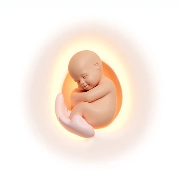 A baby, curled up with its hands near its face, is positioned in the center of a womb. The womb is shown as a gentle, translucent space that envelops the baby. The scene is illuminated by a soft glow emanating from the walls of the womb, creating a serene atmosphere. The baby has a slightly visible heartbeat, and its features are delicate, providing a sense of innocence. The surrounding area is softly blurred, adding to the overall feeling of warmth and security.
