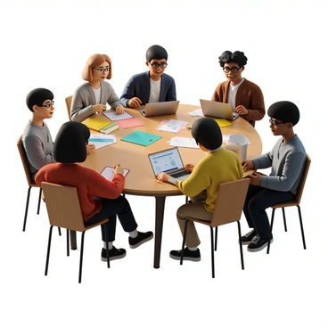 A group of five students of diverse backgrounds working together at a large library table. They are using laptops, with some students typing and others discussing ideas. Colorful sheets of paper are scattered across the table, featuring notes and diagrams. One student is holding a pen and pointing at a document, while another is looking intently at their laptop screen. The library has shelves filled with books in the background, and warm lighting creates a productive atmosphere.