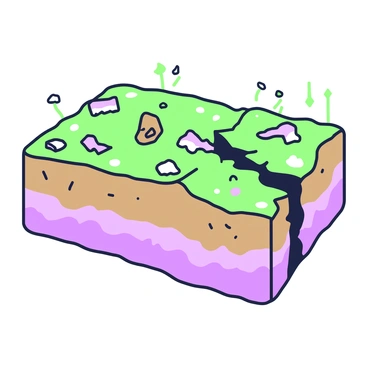 An illustration depicts a network of normal faults beneath the Earth's surface. The faults are shown as jagged, interconnected lines running through various layers of soil and rock. These layers exhibit varying textures, with some appearing smooth while others are rough and fragmented. The faults create displacement in the layers, resulting in visible shifts. Small rocks and minerals are scattered around the faults, and there is a sense of depth to the soil layers, emphasizing the underground environment.