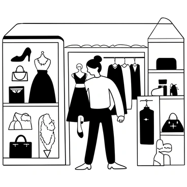 A shopper with a stylish outfit standing amidst various luxurious fashion items displayed elegantly on racks and shelves. There are designer handbags, high-end shoes, and exquisite accessories arranged in an appealing manner. The boutique features glass display cases showcasing fine jewelry. The interior design includes modern furnishings and decorative elements that enhance the upscale atmosphere. The shopper is examining a beautiful dress while other items are visible in the background.