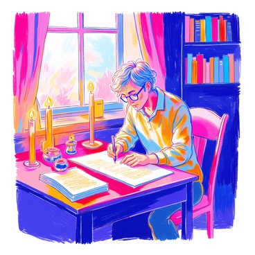 A writer is seated at a wooden desk illuminated by the warm glow of several candles. The desk is cluttered with papers, a fountain pen, and a small ink pot. The writer, a middle-aged individual with tousled hair and reading glasses perched on their nose, appears deep in thought as they carefully pen an article. Their expression is focused and contemplative. The background features a bookshelf filled with various books, casting shadows in the candlelight. A window is slightly ajar, with a gentle breeze causing the curtains to flutter softly. The scene captures a moment of intense concentration on the topic of "injustices of black codes."
