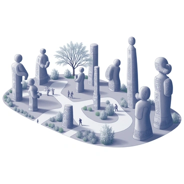 A large outdoor sculpture park filled with numerous statues, each designed with intricate "ahki" motifs. The park is spread across a green landscape, with well-maintained pathways winding through it. Various statues of varying heights and sizes are placed throughout the area, showcasing detailed carvings and patterns characteristic of ahki design. Some sculptures depict human figures, while others are abstract shapes, and they are all designed to interact harmoniously with the natural surroundings. Trees and shrubs are strategically planted around the park, providing shade and enhancing the overall aesthetic. Visitors can be seen walking along the paths, admiring the sculptures and taking photographs.