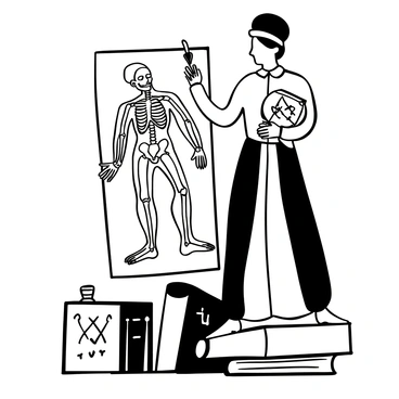 A portrait of Andreas Vesalius holding a quill and anatomical chart