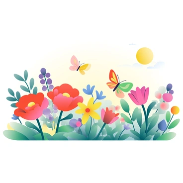 A vibrant garden filled with a variety of colorful flowers including red roses, yellow daisies, and purple violets stretches across the scene. Butterflies in various colors such as orange, blue, and yellow are fluttering among the flowers. A green butterfly rests delicately on a bright pink blossom. The sun casts a warm light on the garden, illuminating the vivid hues of the petals and the delicate wings of the butterflies as they dance from flower to flower. 